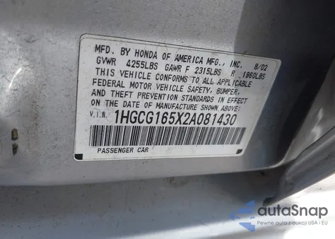 2002 Honda Accord 3.0 Ex from USA, damaged, VIN 1HGCG165X2A081430